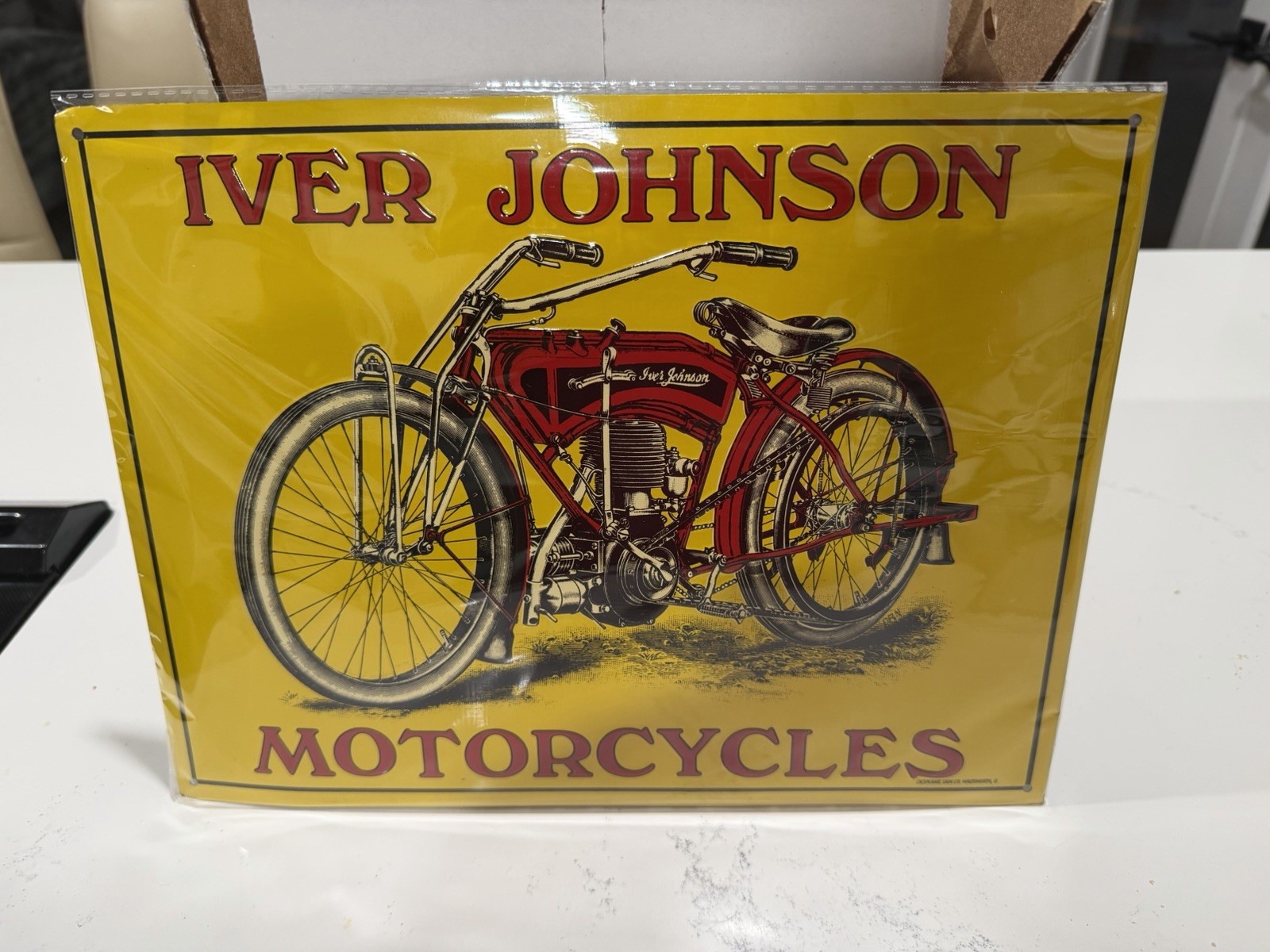 VINTAGE IVER JOHNSON MOTORCYCLES OLD BIKE PORCELAIN METAL GASOLINE & OIL SIGN