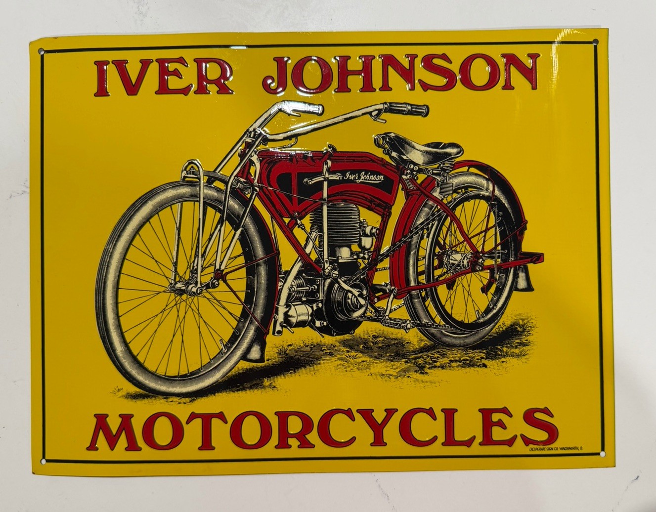 VINTAGE IVER JOHNSON MOTORCYCLES OLD BIKE PORCELAIN METAL GASOLINE & OIL SIGN