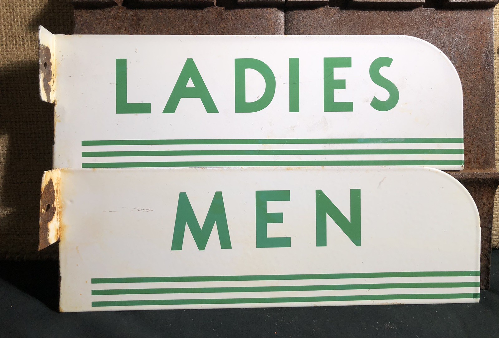 VINTAGE TEXACO RESTROOM MENS LADIES SET FLANGE 15” PORCELAIN SIGN DOUBLE SIDED