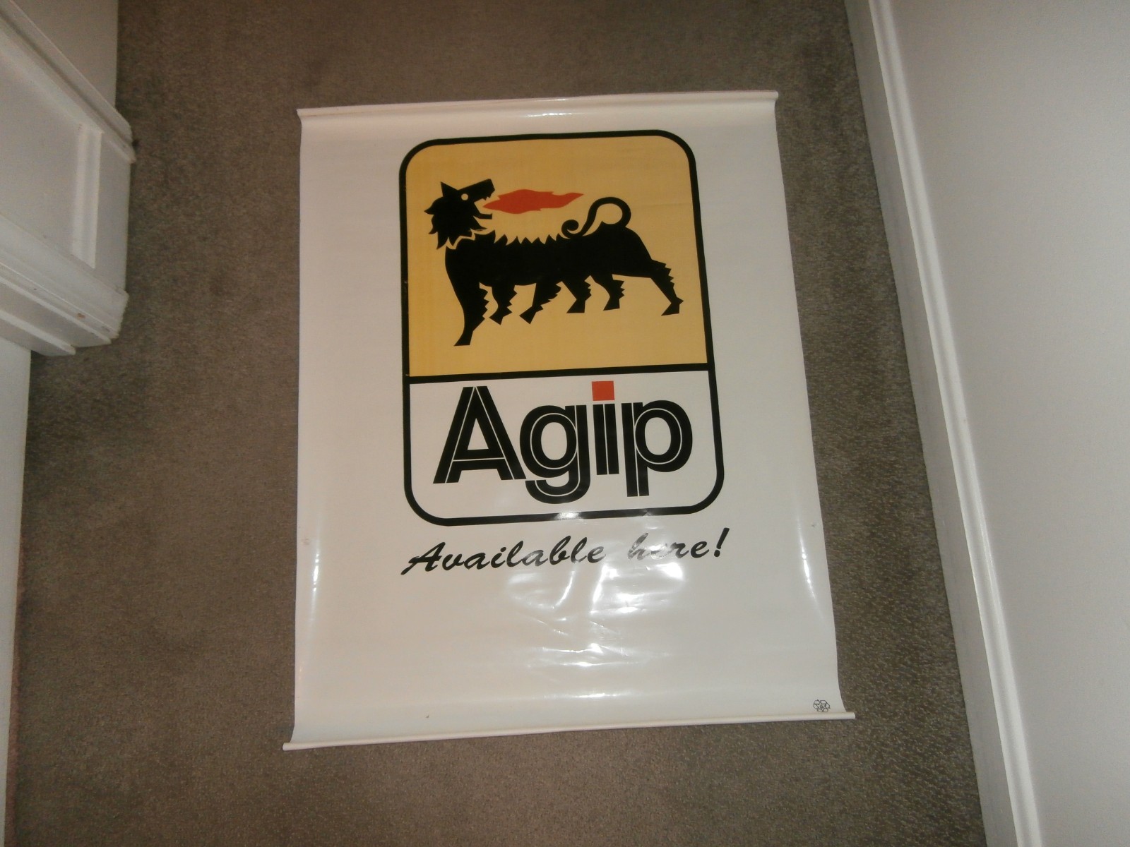 Vintage AGIP Available Here Oil Service Station Rolled Plastic Banner Sign
