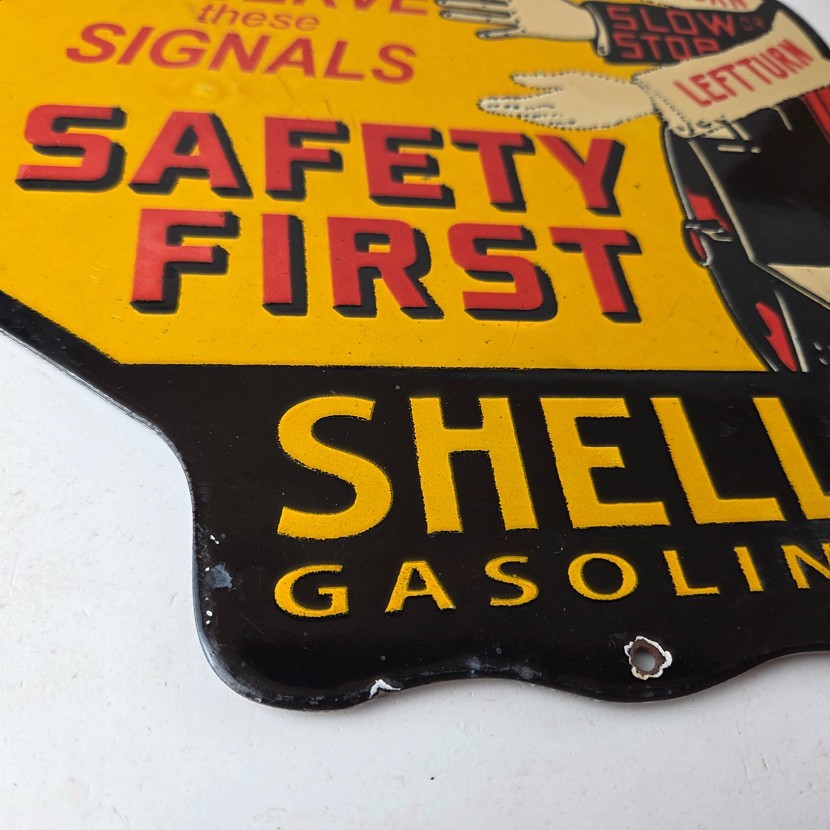Vintage Shell Gasoline Sign – Safety First Porcelain Gas Pump Plate Sign