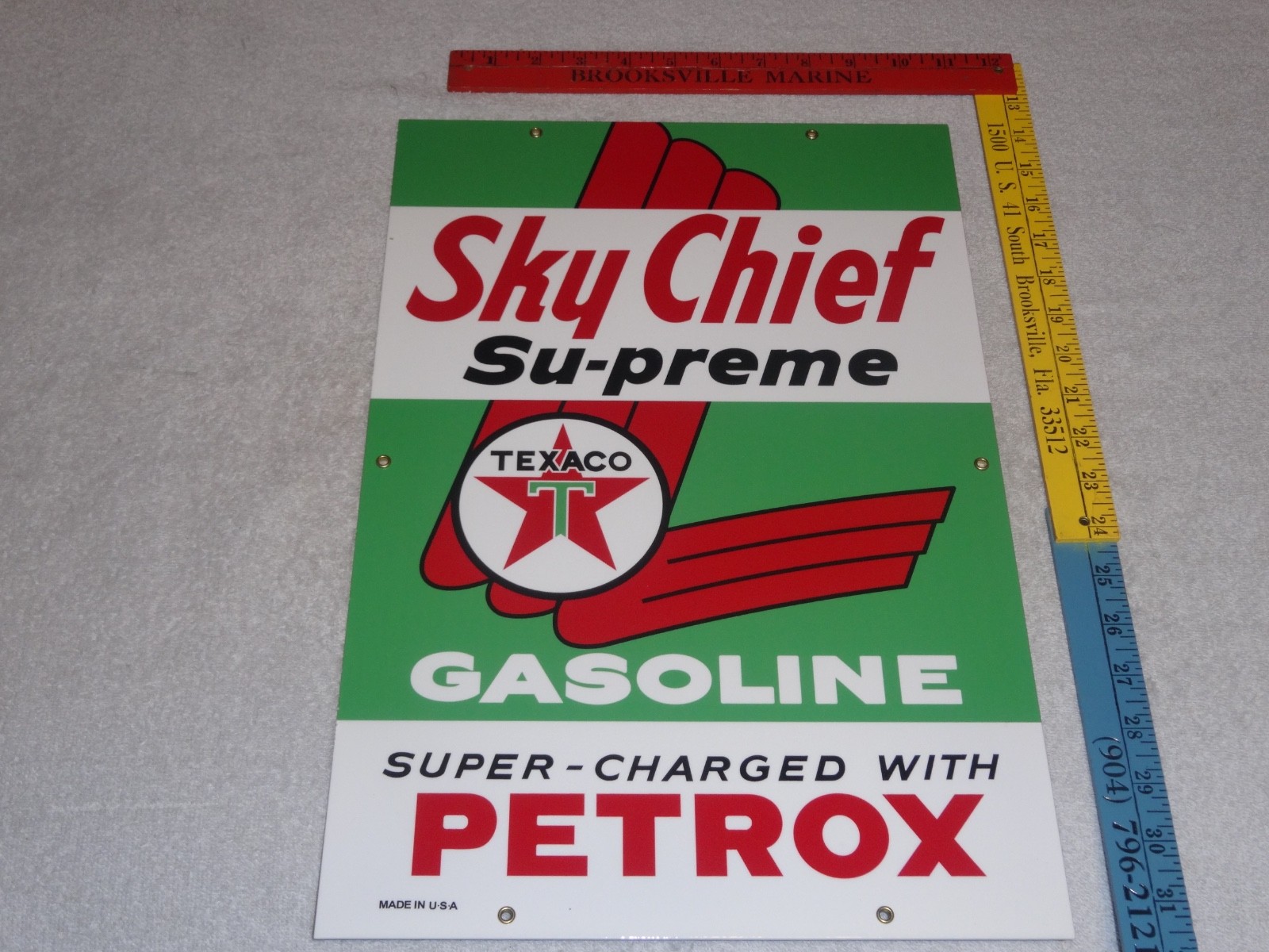 VINTAGE TEXACO SKY CHIEF SUPREME GASOLINE W/ PETROX 18″ PORCELAIN METAL OIL SIGN