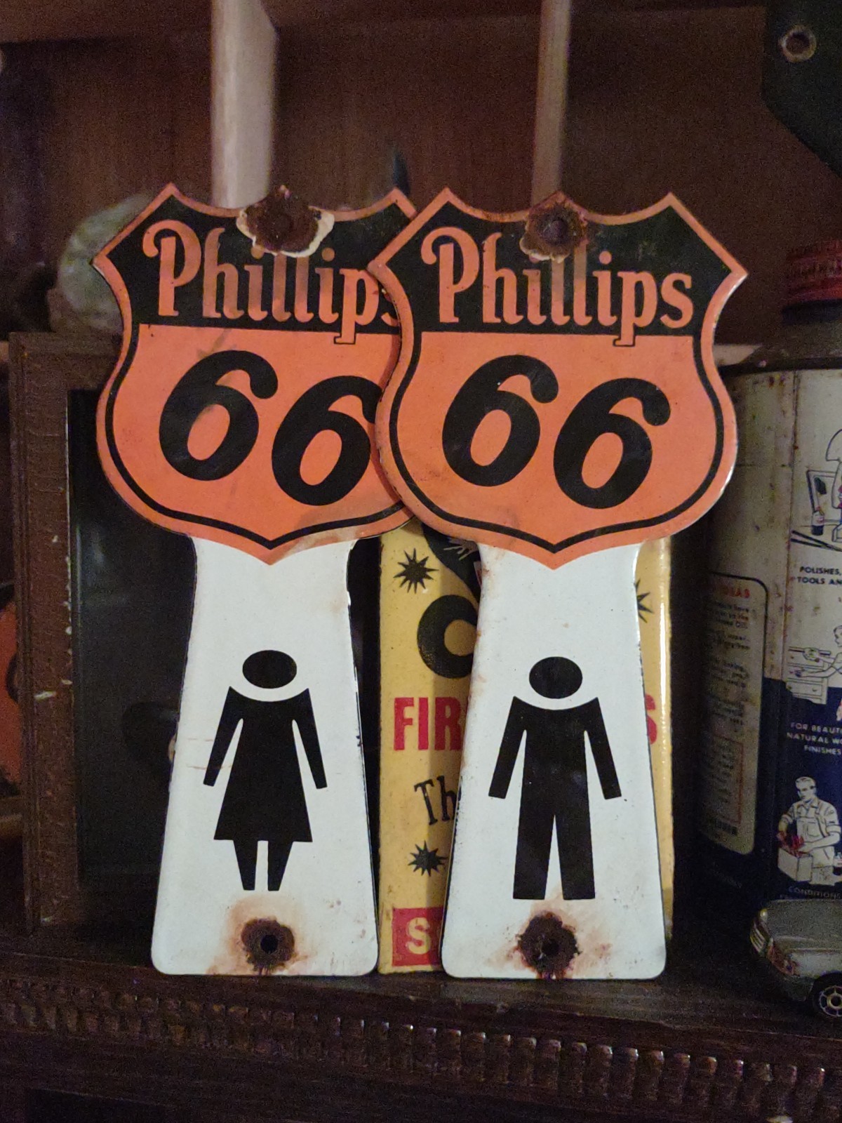 VTG Phillips 66 Porcelain Gas Station Sign Pair Restroom Bathroom Key Holder