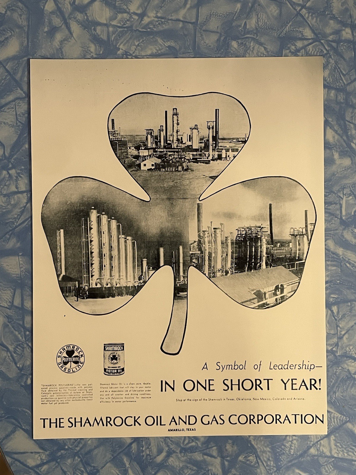 Shamrock Oil Gas Polymerine Poster REPRINT Vintage Style Ad Sign Texas Amarillo