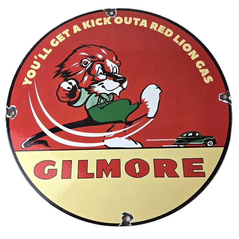 Vintage Gilmore Pump Sign – Porcelain Gasoline Red Lion Service Station Sign
