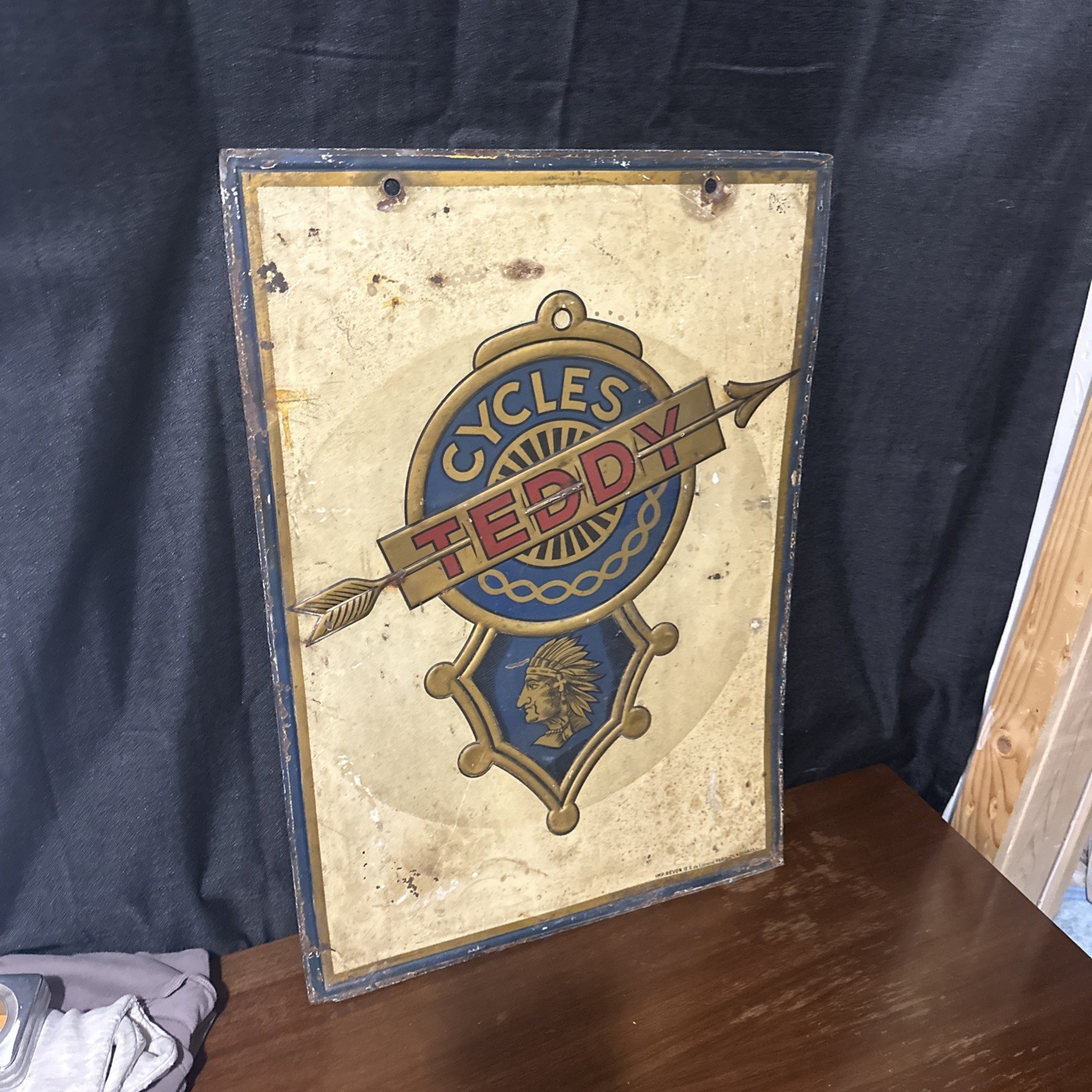 Vintage Teddy Cycles Indian Original Motorcycle Tin Sign Gas & Oil 1940s