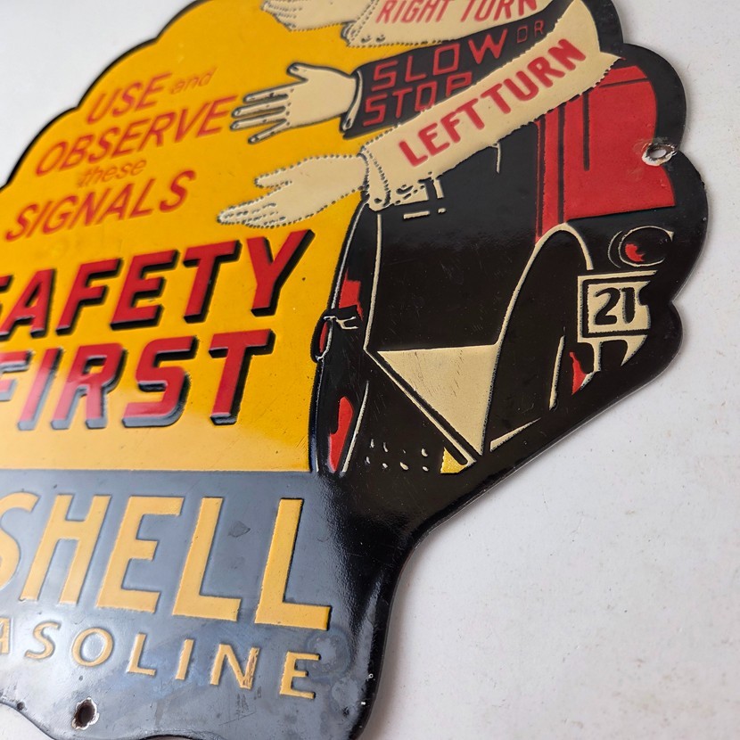 Vintage Shell Gasoline Sign – Safety First Porcelain Gas Pump Plate Sign