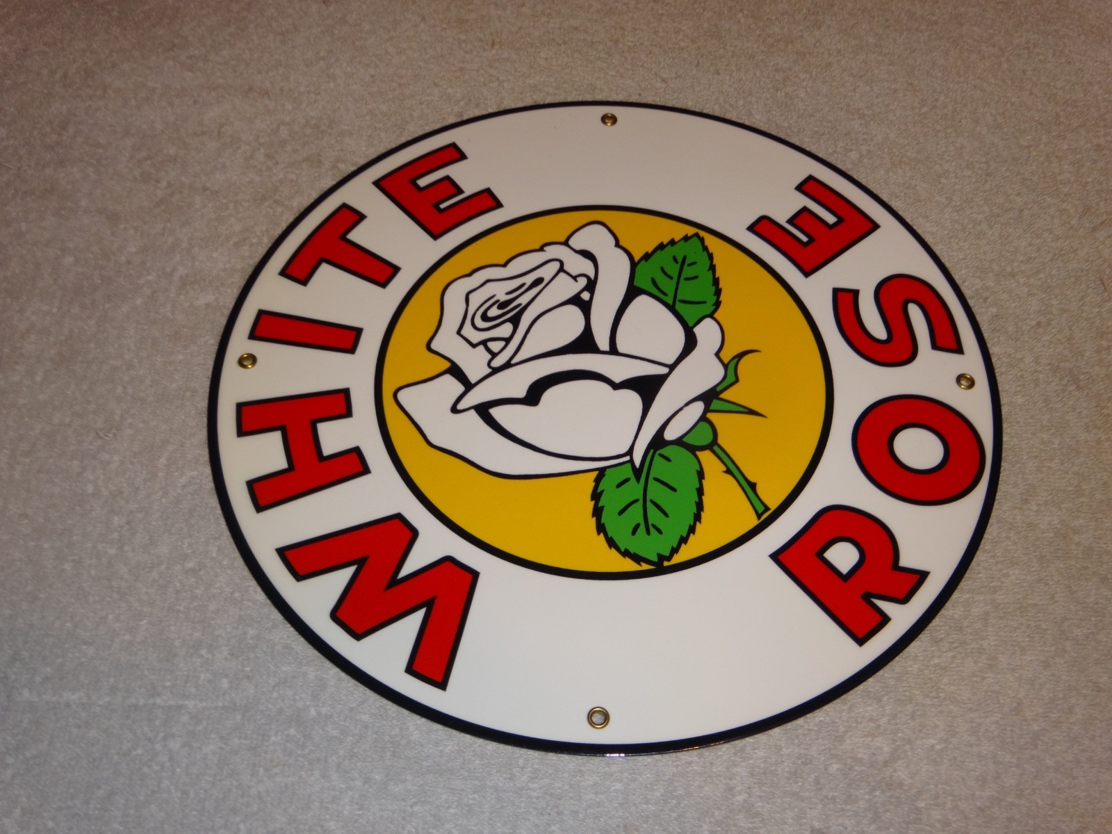 VINTAGE ENARCO WHITE ROSE GASOLINE 11 3/4″ PORCELAIN METAL CANADA GAS & OIL SIGN