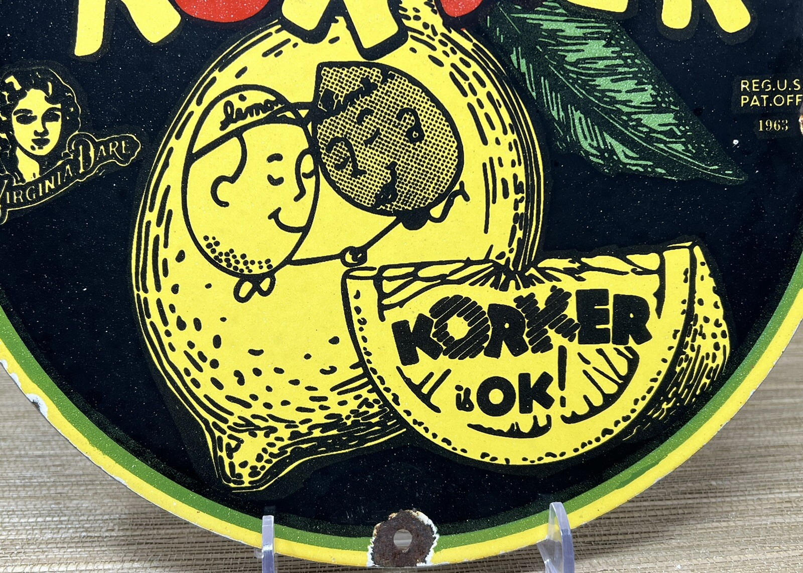 VINTAGE DRINK KORKER PORCELAIN SIGN SODA POP GAS OIL 7UP PEPSI COCA COLA DEW