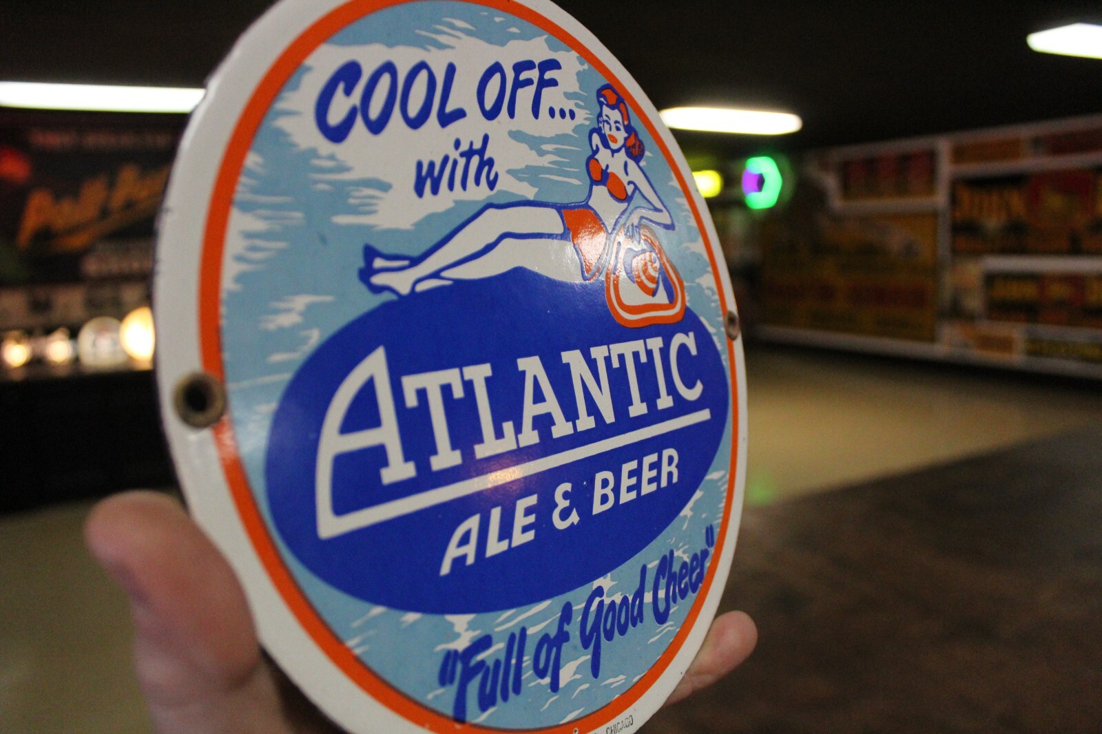RARE ATLANTIC ALE BEER DEALER PORCELAIN METAL SIGN SWIMSUIT GIRL BEACH MAINE