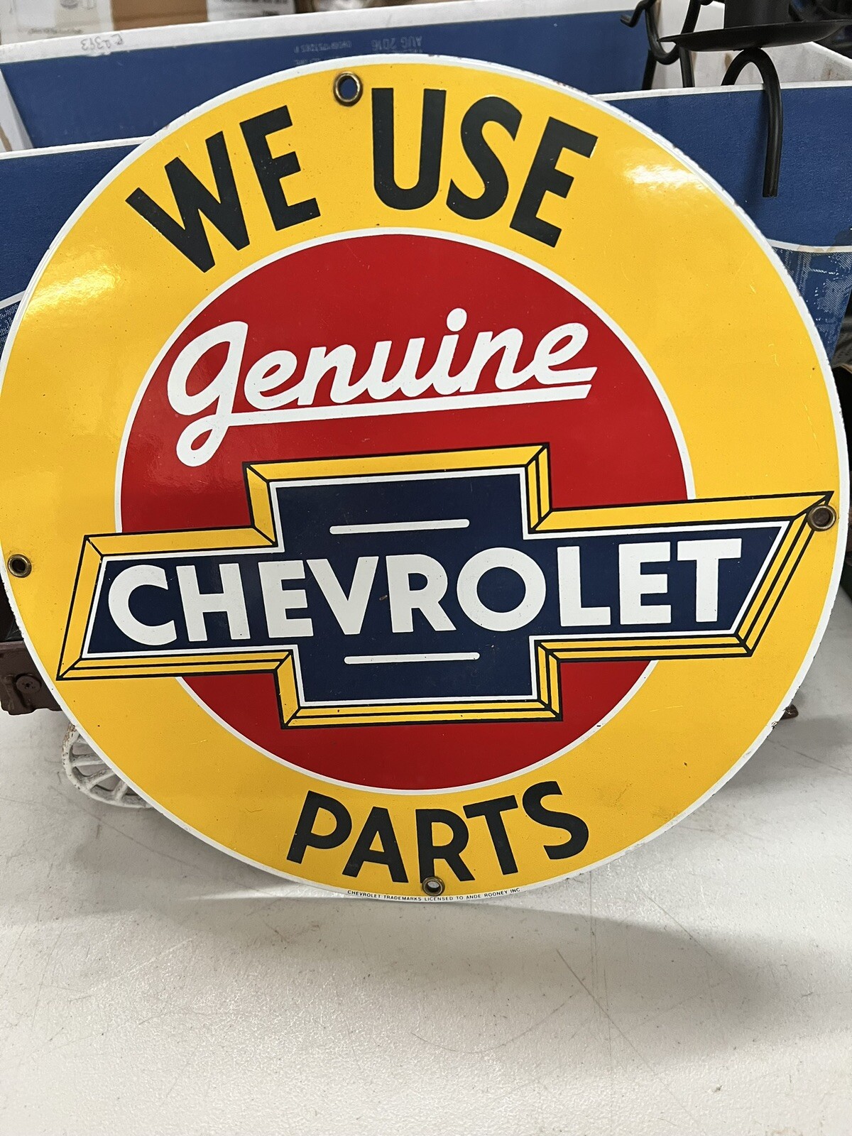 WE USE GENUINE CHEVROLET PARTS METAL SIGN PORCELAIN ANDE ROONEY 11 1/4″ NEW