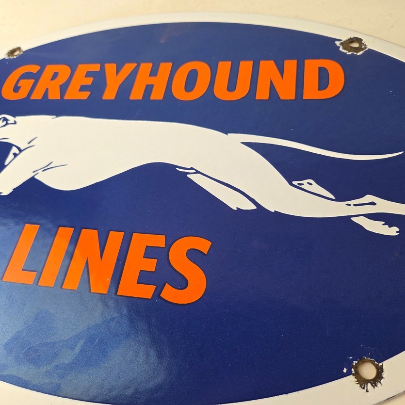 Vintage Greyhound Lines Porcelain Sign – Running Dog Bus Logo Sign