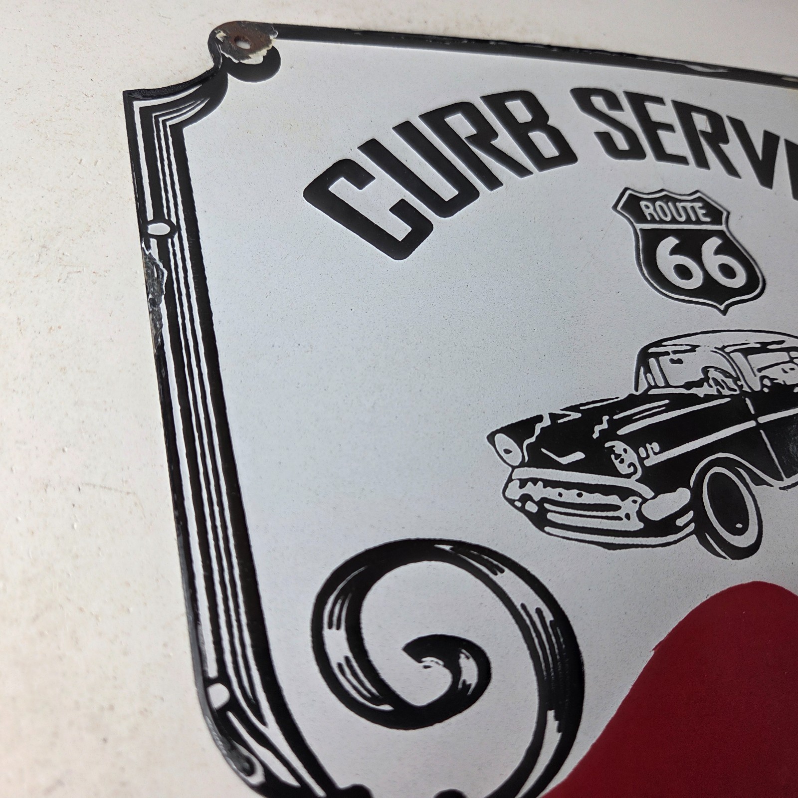Vintage Route 66 Coca Cola Porcelain Sign – Curb Service Soda Diner Pump Sign