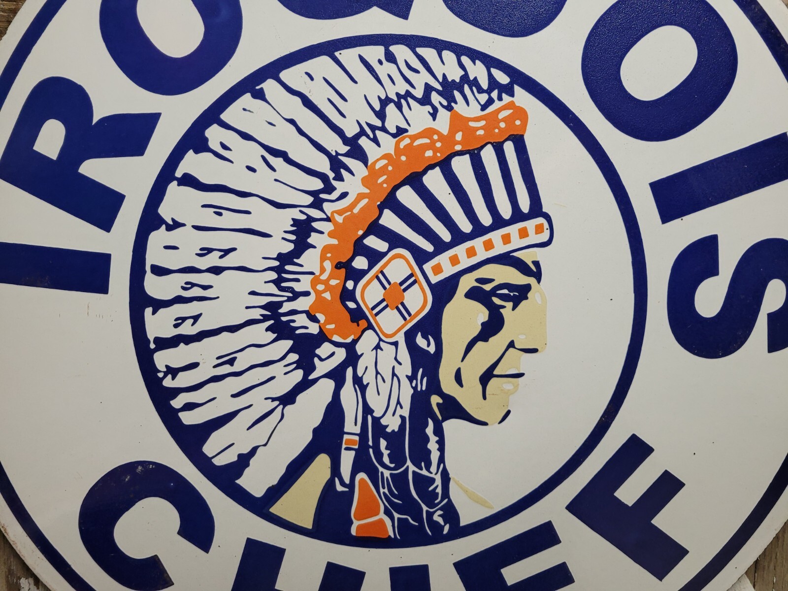VINTAGE IROQUOIS CHIEF PORCELAIN SIGN 30″ GASOLINE DEALER RARE MOTOR OIL SERVICE