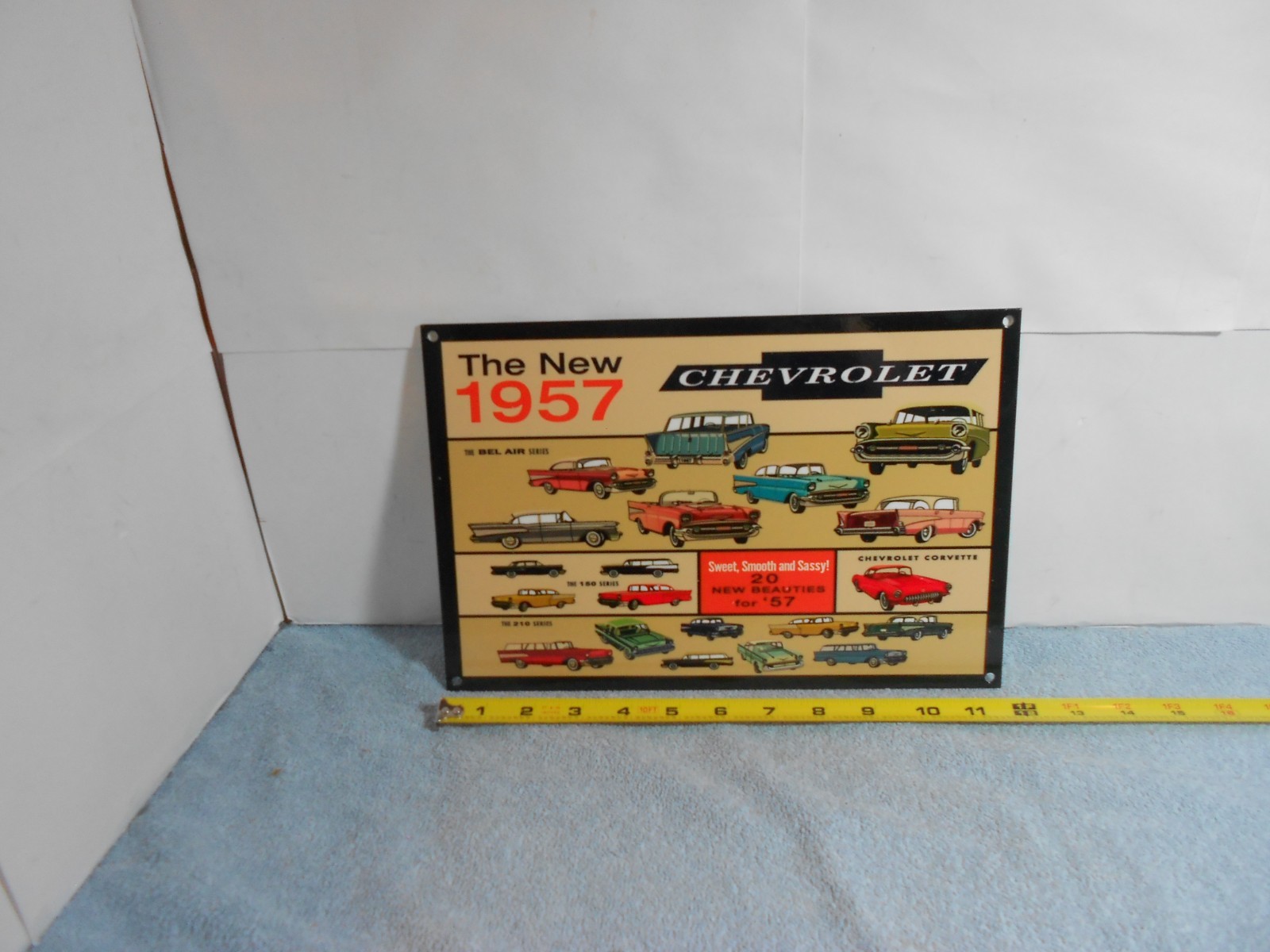 VINTAGE CHEVROLET “NEW BEAUTIFUL 1957 CHEVY’S 12” GAS OIL ADVERTISING SIGN METAL