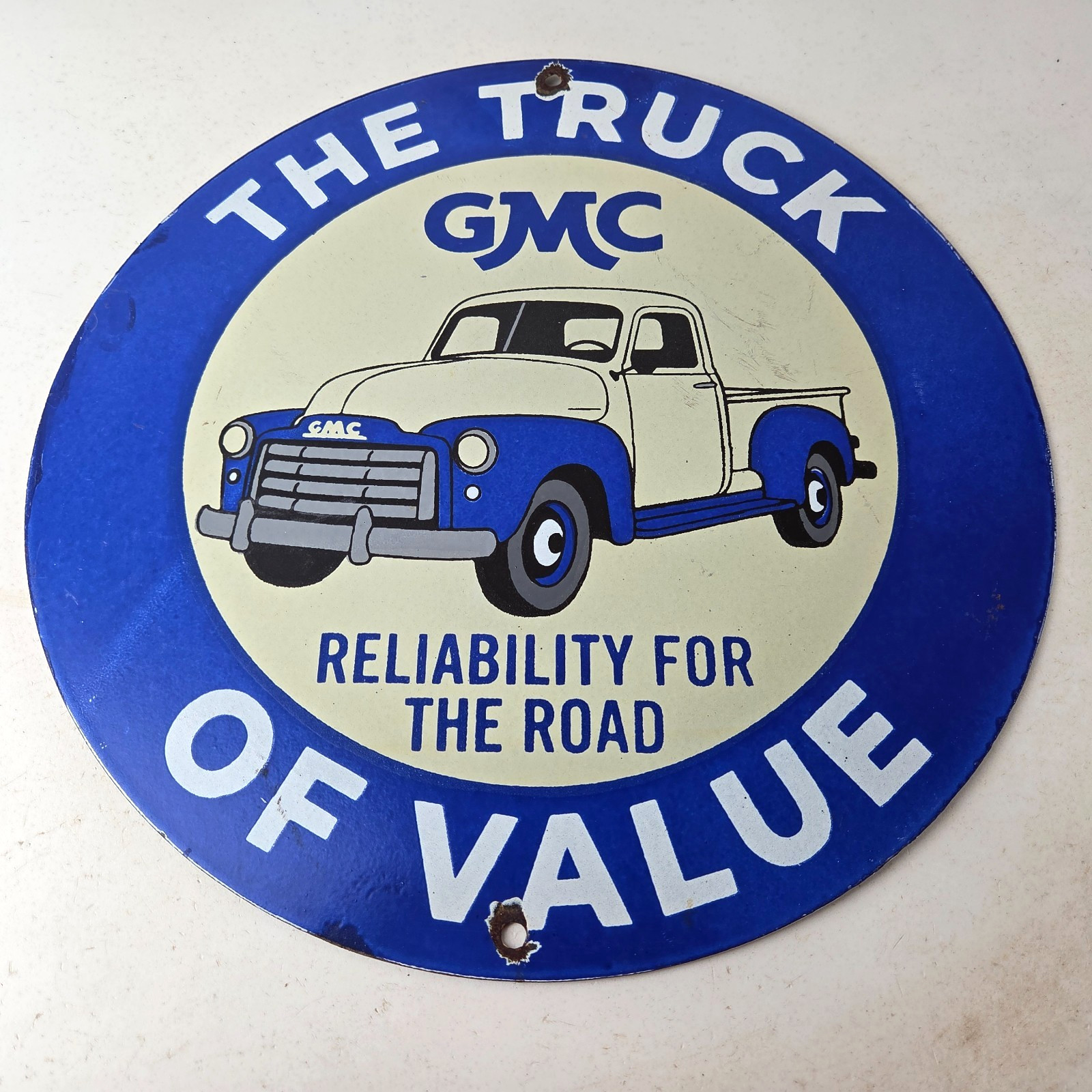 Vintage General Motors Sign – GMC Automobiles Trucks Ad Porcelain Gas Pump Sign