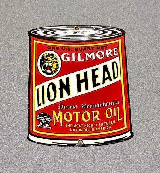VINTAGE GILMORE LION HEAD MOTOR OIL CAN PORCELAIN SIGN GAS CAR TRUCK
