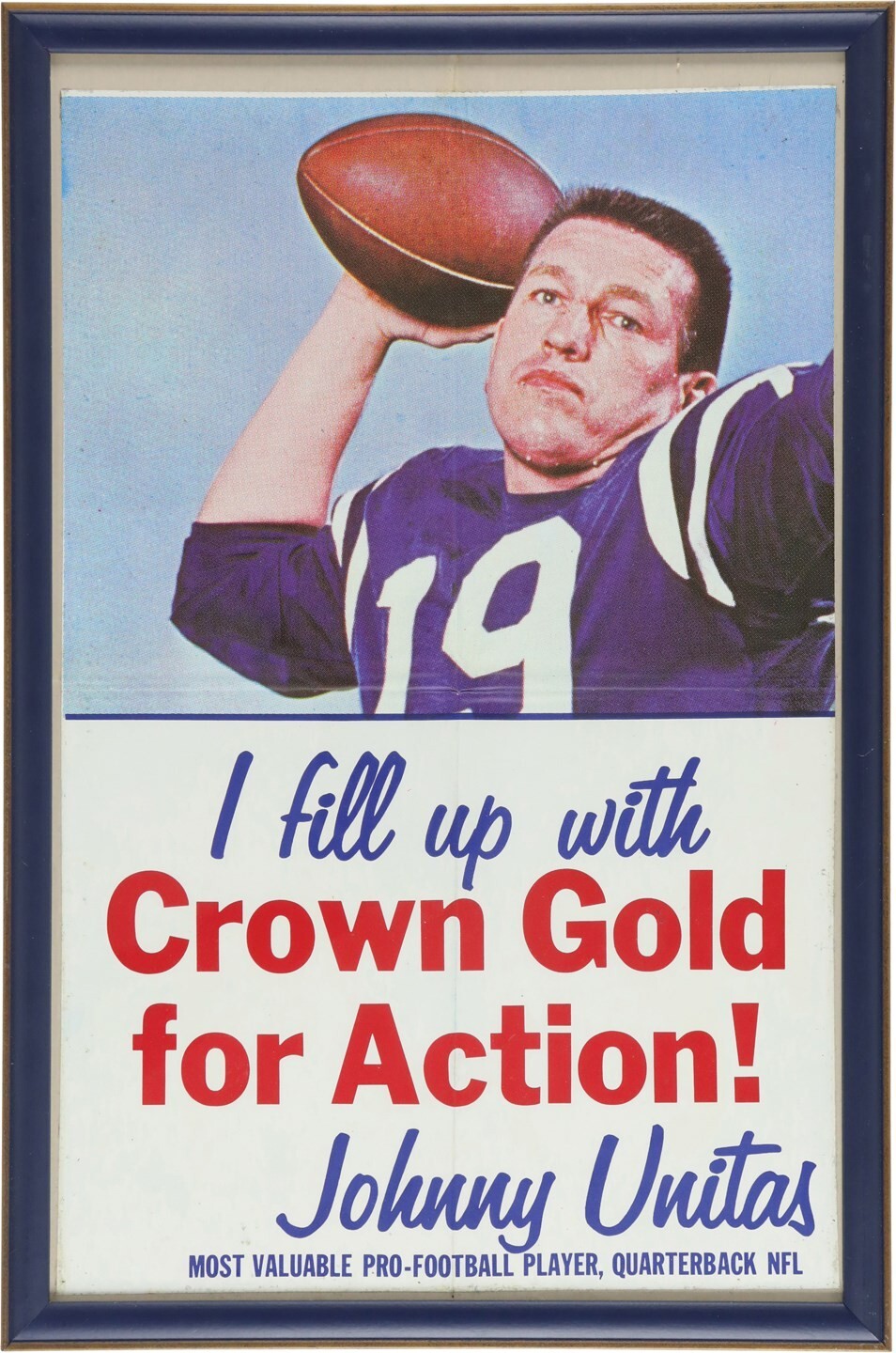1960’s Baltimore Colts Johnny Unitas Crown Gas Advertising Sign Sticker Framed