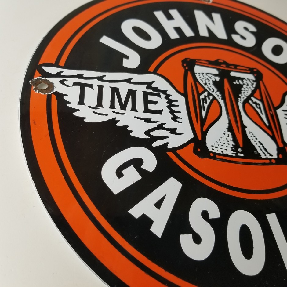 Vintage Johnson Gasoline Sign – Time Tells Gas Motor Oil Pump Porcelain Sign