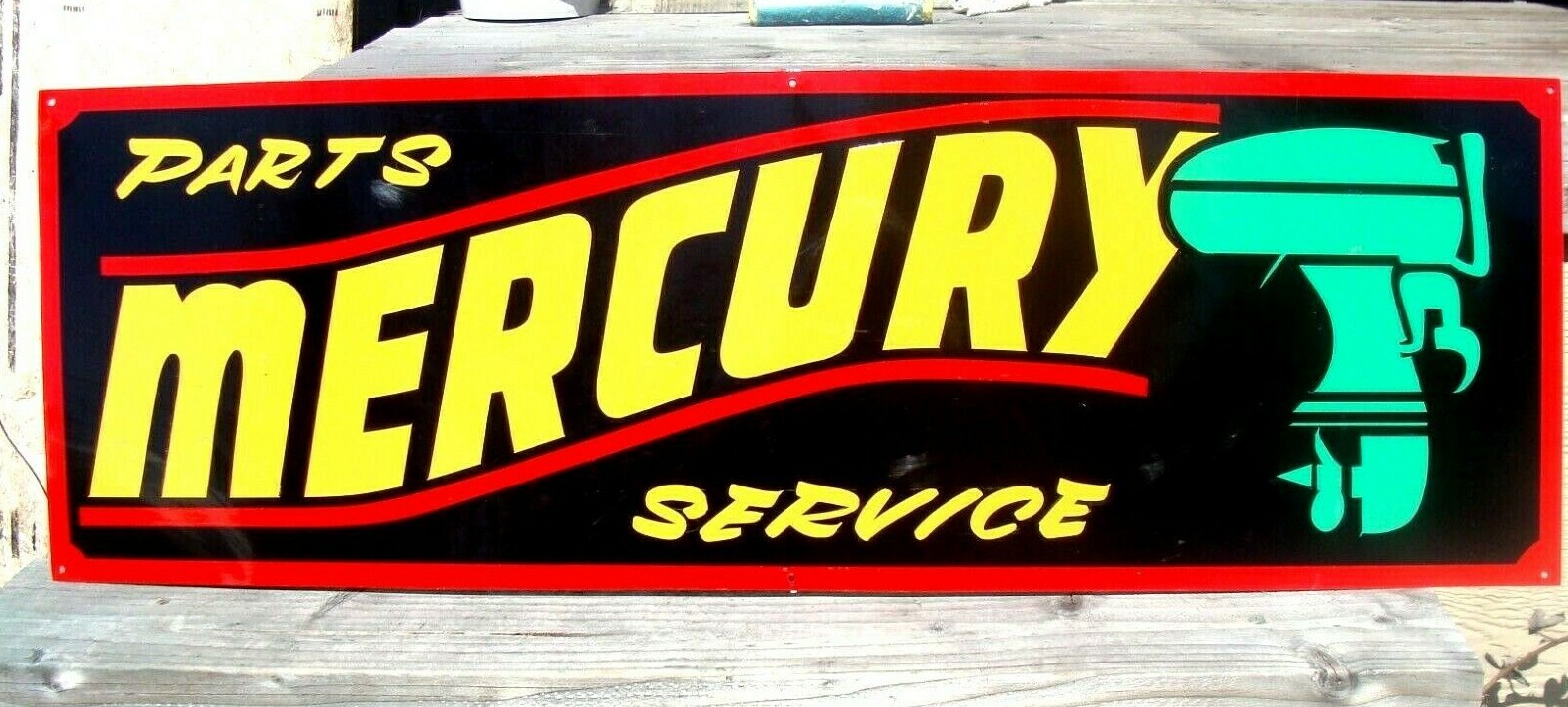 Large Vintage Hand Lettered MERCURY OUTBOARD MOTOR Boat Gas Man Cave Fish SIGN B