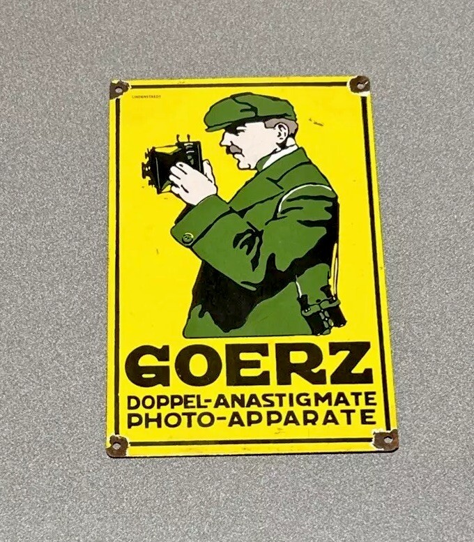 VINTAGE GOETZ FILM CAMERA PHOTO PHOTOGRAPHY PORCELAIN SIGN CAR GAS OIL TRUCK