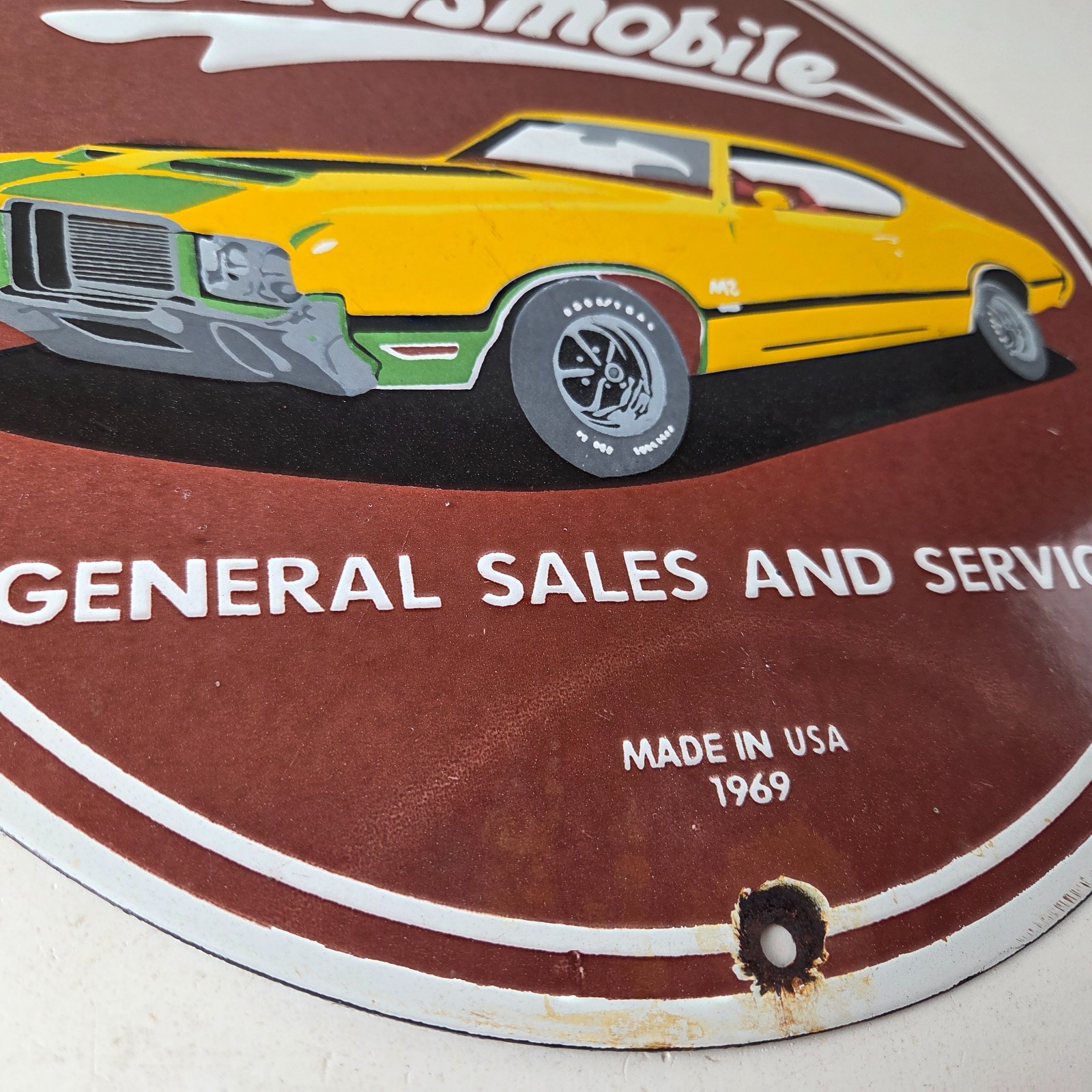 Vintage Oldsmobile General Sales Sign – Gas Pump Automobiles Porcelain Sign