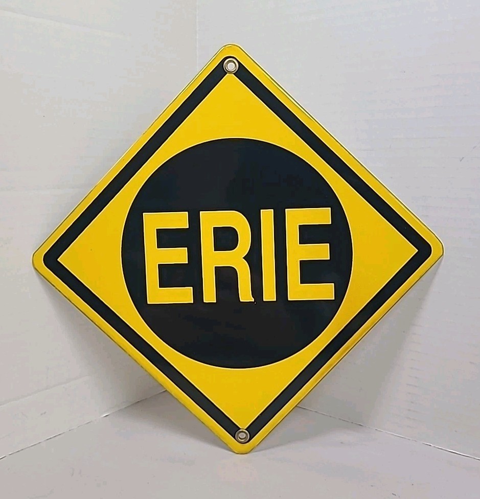 Vintage ERIE RAILROAD Porcelain Sign Train Station Gas Oil Freight Stop 8×8