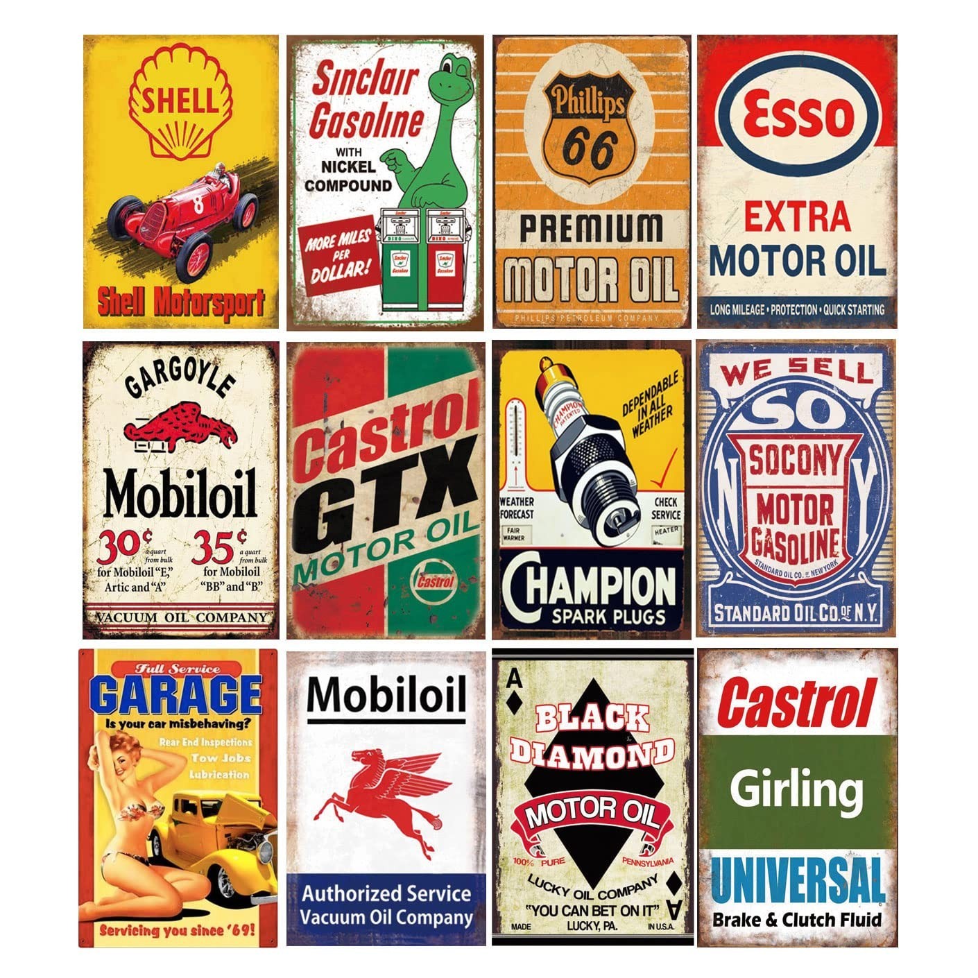 12 Retro Vintage Gas & Oil Tin Signs – 8×12 Inch Metal Wall Art for Home, Garage