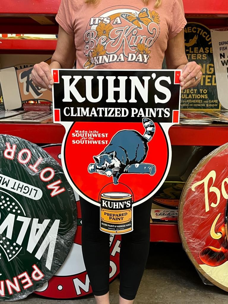 Vintage Style Metal Sign Kuhns Paint Racoon NOT Porcelain 22×16 Made USA