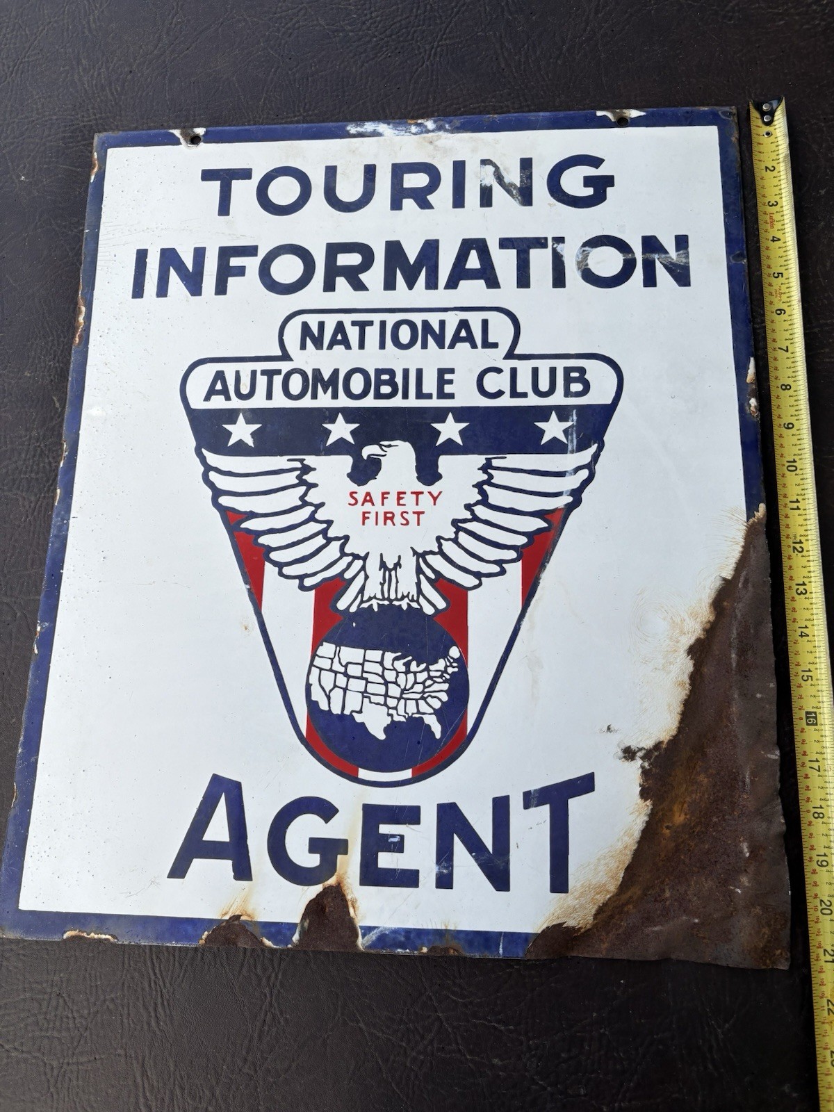 RARE 1930s-40s PORCELAIN NATIONAL AUTOMOBILE CLUB TOURING INFORMATION AGENT SIGN