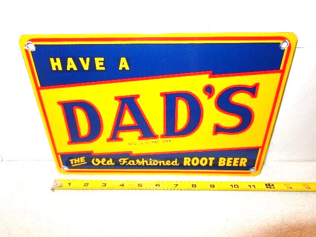 12 x 8 in HAVE A DAD`S ROOT BEER ADVERTISING SIGN DIE CUT METAL PORCELAIN S 266