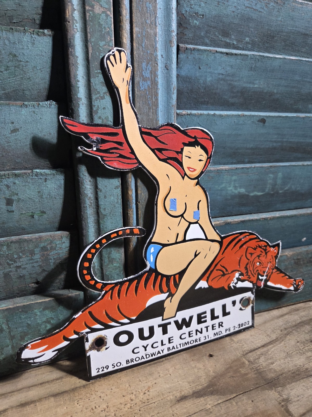 VINTAGE BOUTWELL’S CYCLE CENTER 9” PORCELAIN MOTORCYCLE DEALER SIGN PINUP