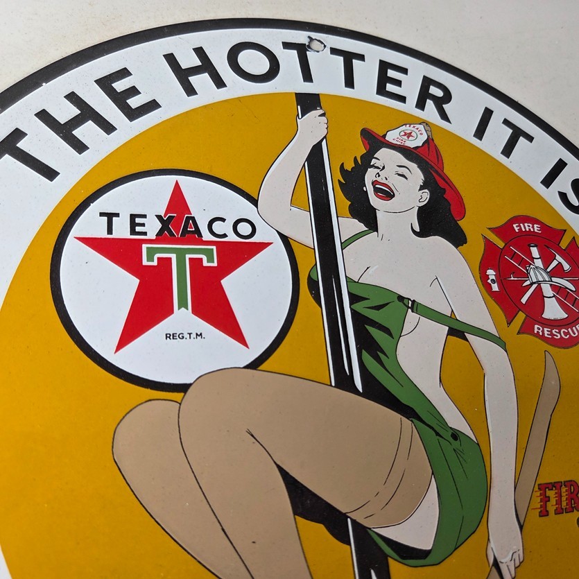 Vintage Texaco Gasoline Sign – Fire Pole Fire Chief Gas Pump Ad Porcelain Sign