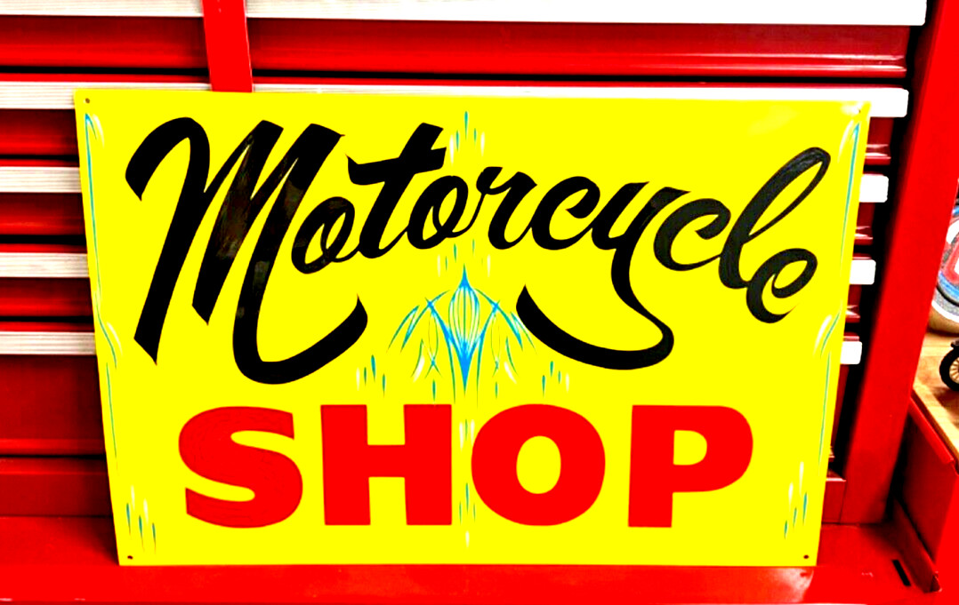 PINSTRIPED Painted Motorcycle Biker Shop Sign Sturgis Garage Man cave Repair