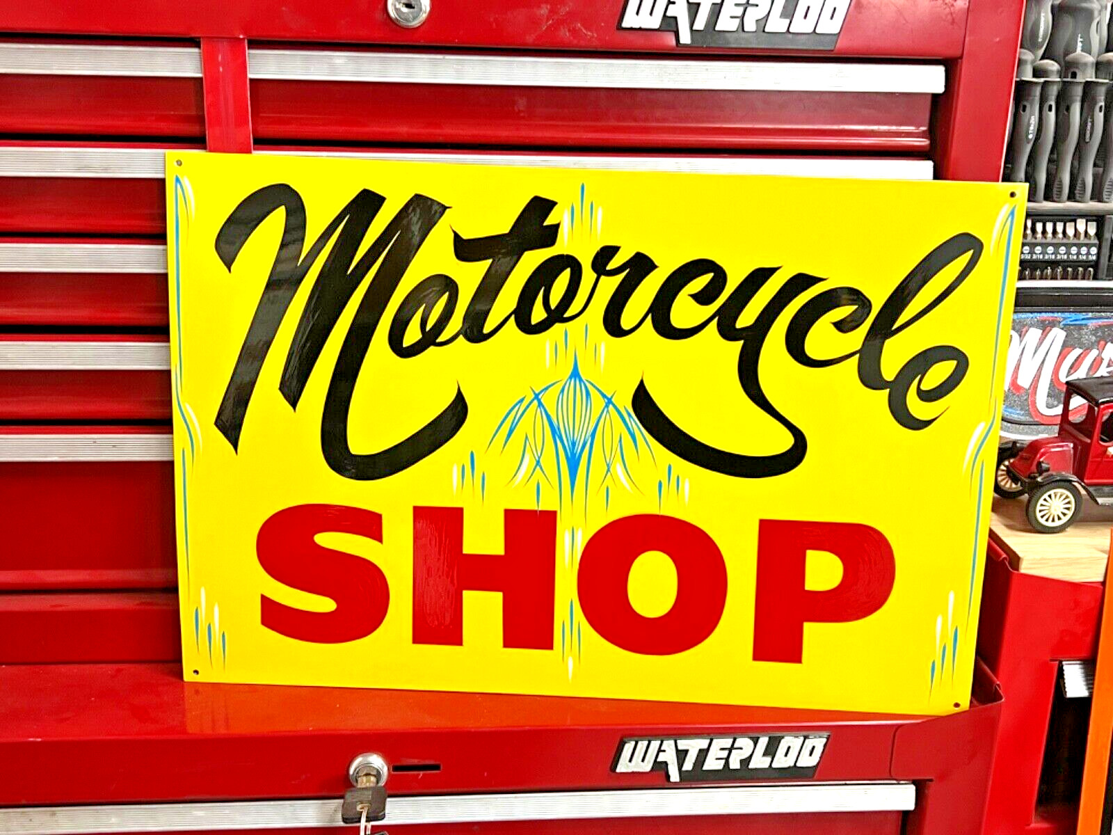 PINSTRIPED Painted Motorcycle Biker Shop Sign Sturgis Garage Man cave Repair