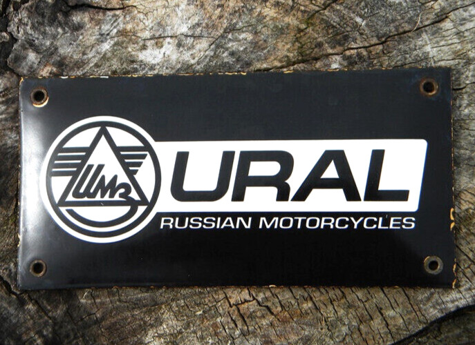 VINTAGE URAL PORCELAIN METAL SIGN 7-3/4″x 3-7/8″ RUSSIAN MOTORCYCLES GAS IMZ OIL