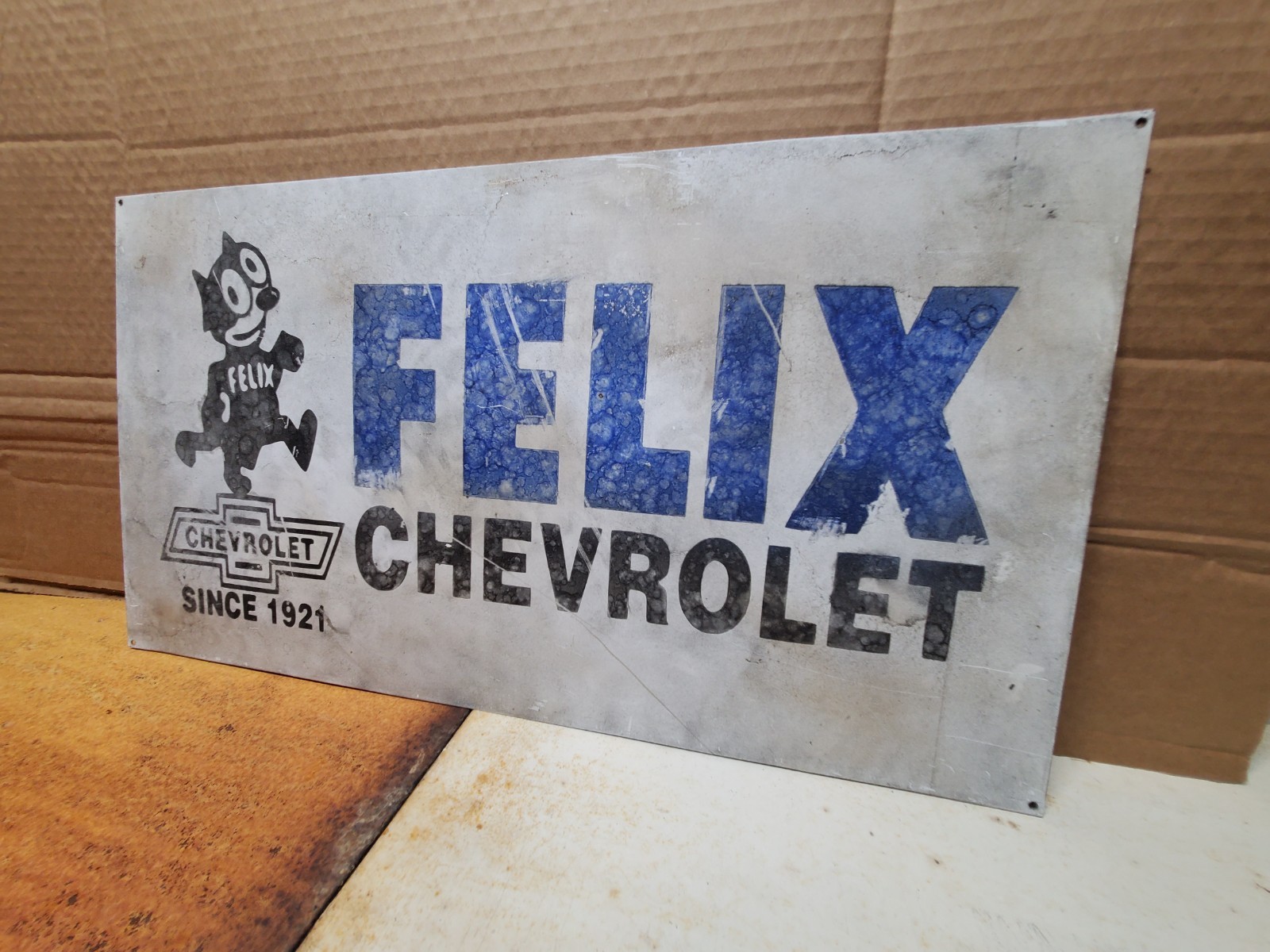 Felix Chevrolet Speed Shop Painted Sign 21.75×12″ Vintage Look Antiqued Day 2
