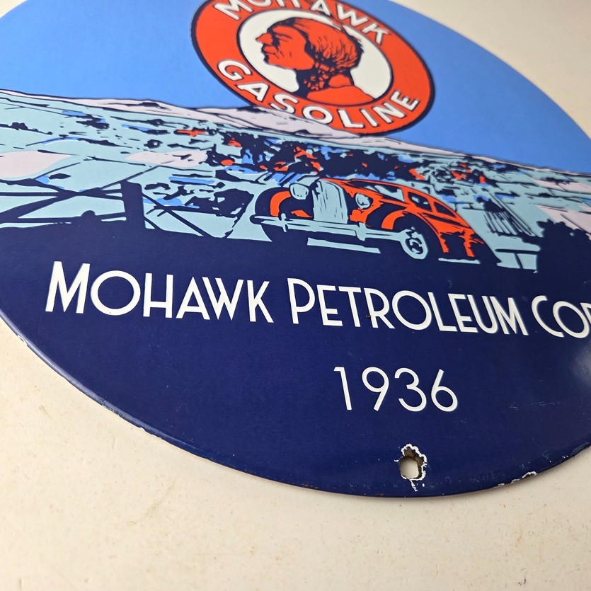 Vintage Mohawk Gasoline Sign – Porcelain American Indian Gas Motor Oil Pump Sign