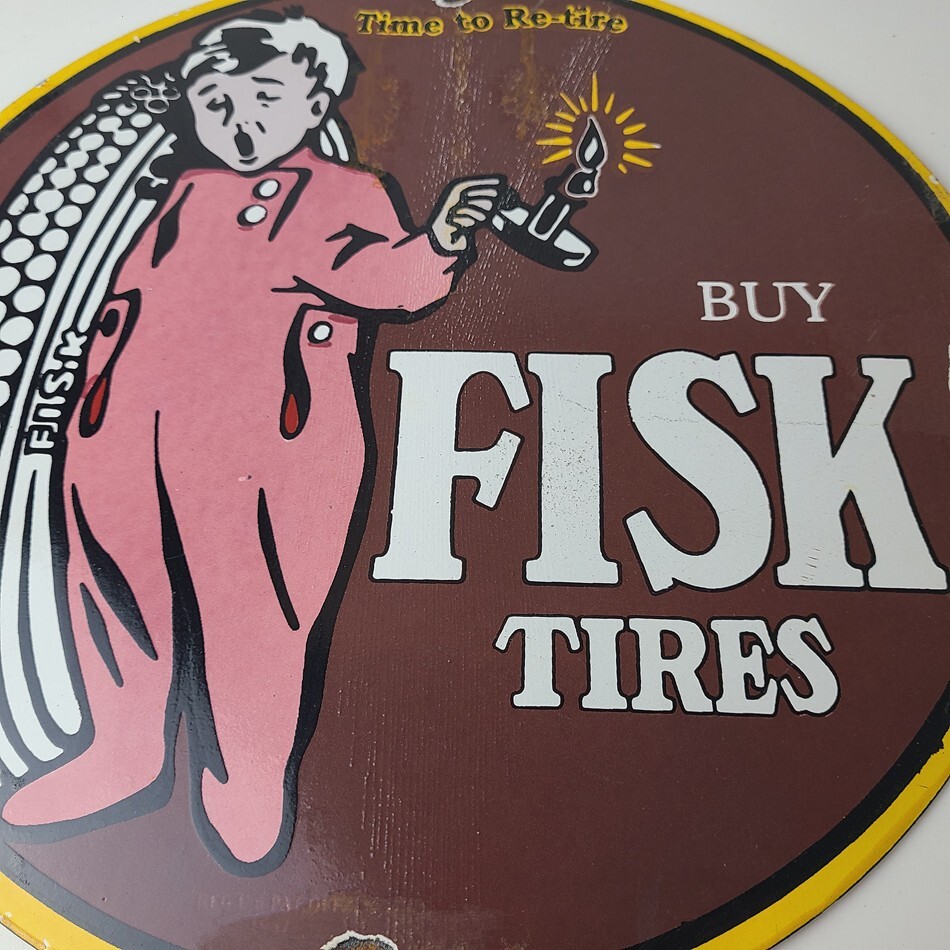 Vintage Fisk Tires Sign – Automobile Car Sales Service Gas Pump Porcelain Sign