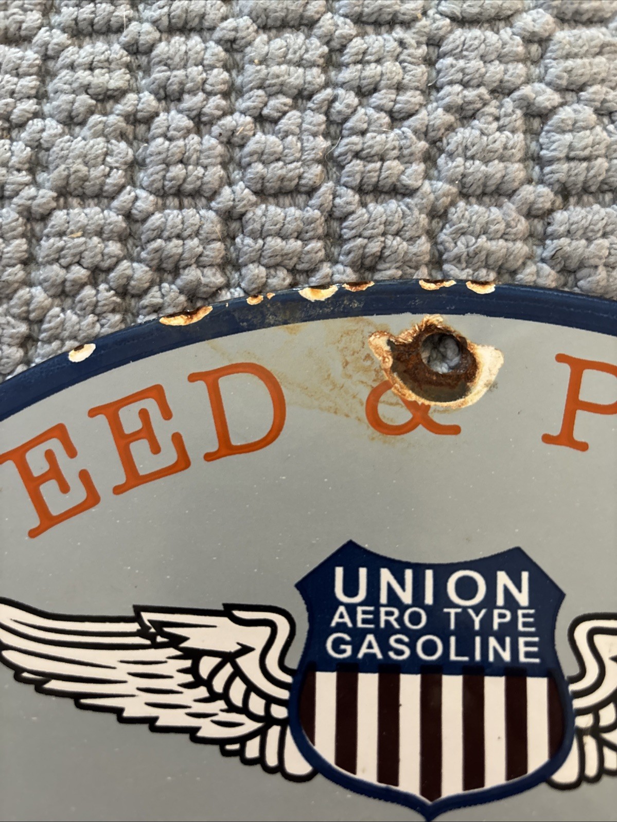 VINTAGE 1925 UNION GAS SPEED & POWER 12” STEEL GAS STATION PUMP SIGN! A1