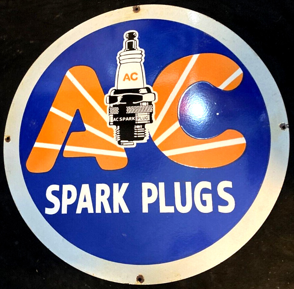Vintage Art AC SPARK PLUGS PORCELAIN ENAMEL SIGN Rare Advertising 30″ Diameter