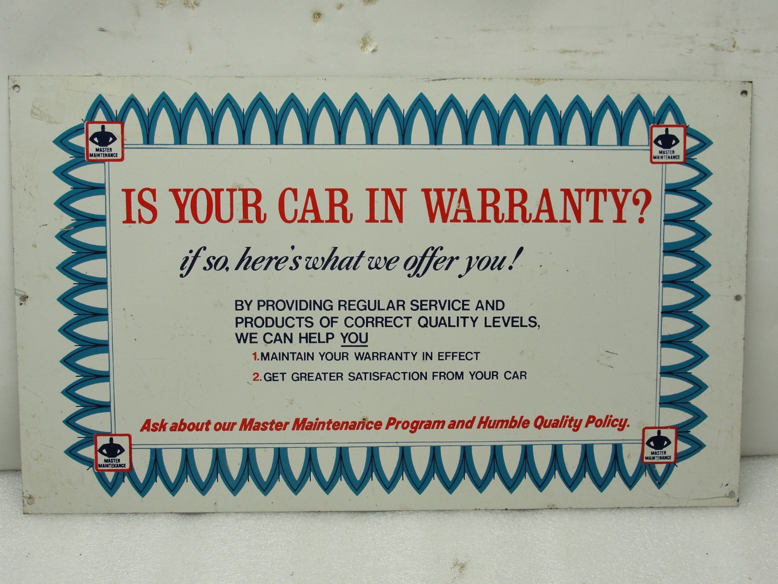 IS YOUR CAR IN WARRANTY? METAL SIGN MAN CAVE CAR DEALERSHIP GARAGE ART 10″X16″.