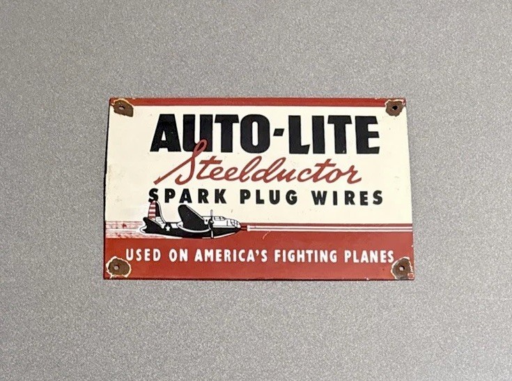 VINTAGE 12” AUTO-LITE SPARK PLUGS PORCELAIN SIGN CAR GAS TRUCK OIL MOTORCYCLE