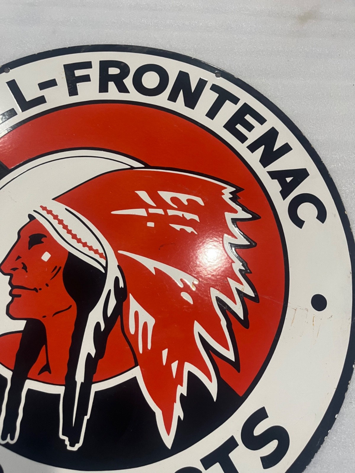 MC COLL – FRONTENAC PRODUCTS GAS & OIL PORCELAIN ENAMEL SIGN 30″ DSP.