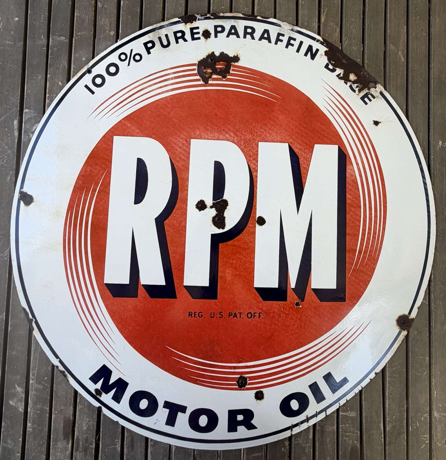 Original RPM Motor Oil 28” Double Sided Porcelain Gas Oil Service Station Sign