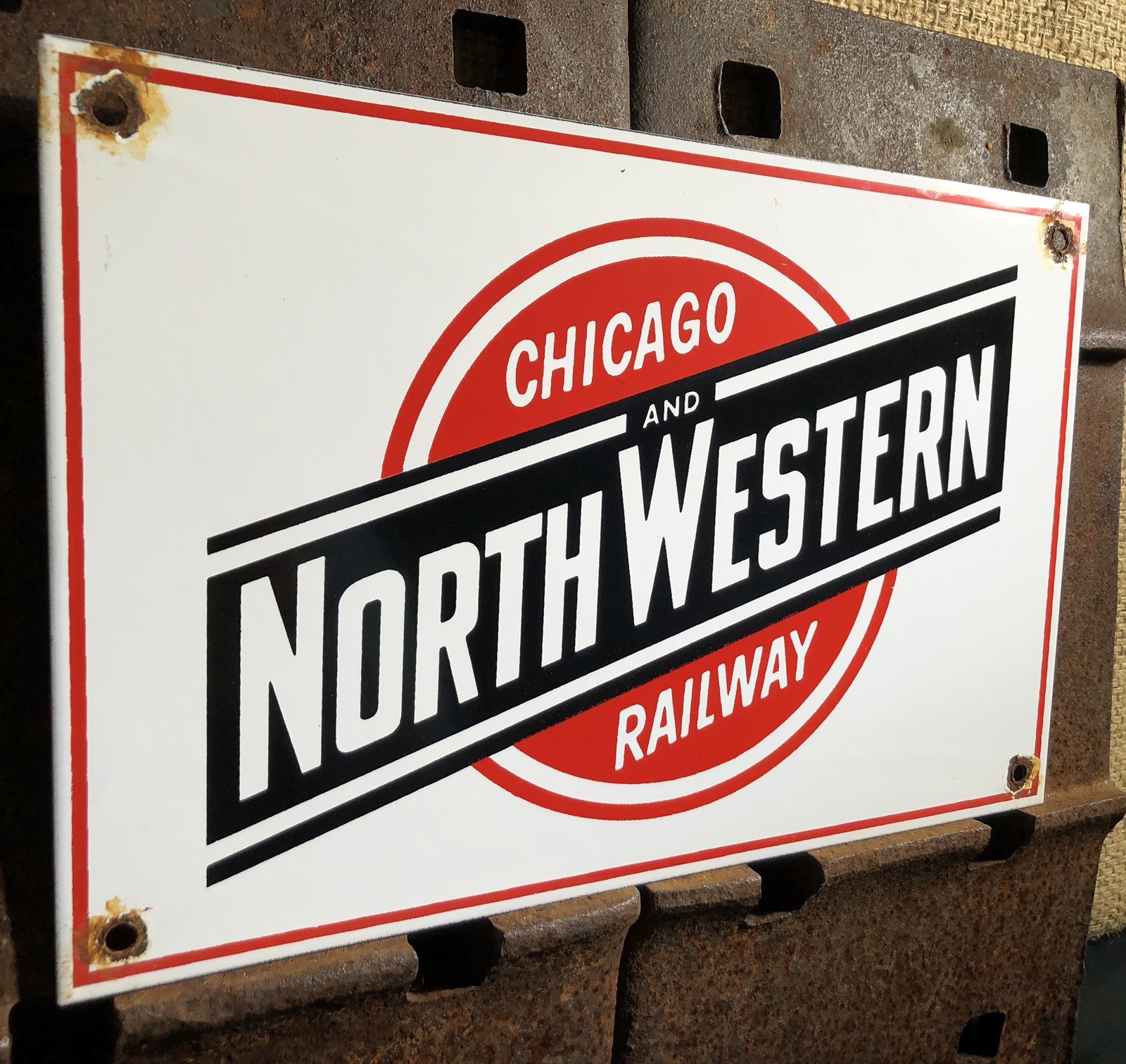 VINTAGE CHICAGO NORTH WESTERN RAILWAY 12” PORCELAIN SIGN TRAINS RAILROAD GAS OIL