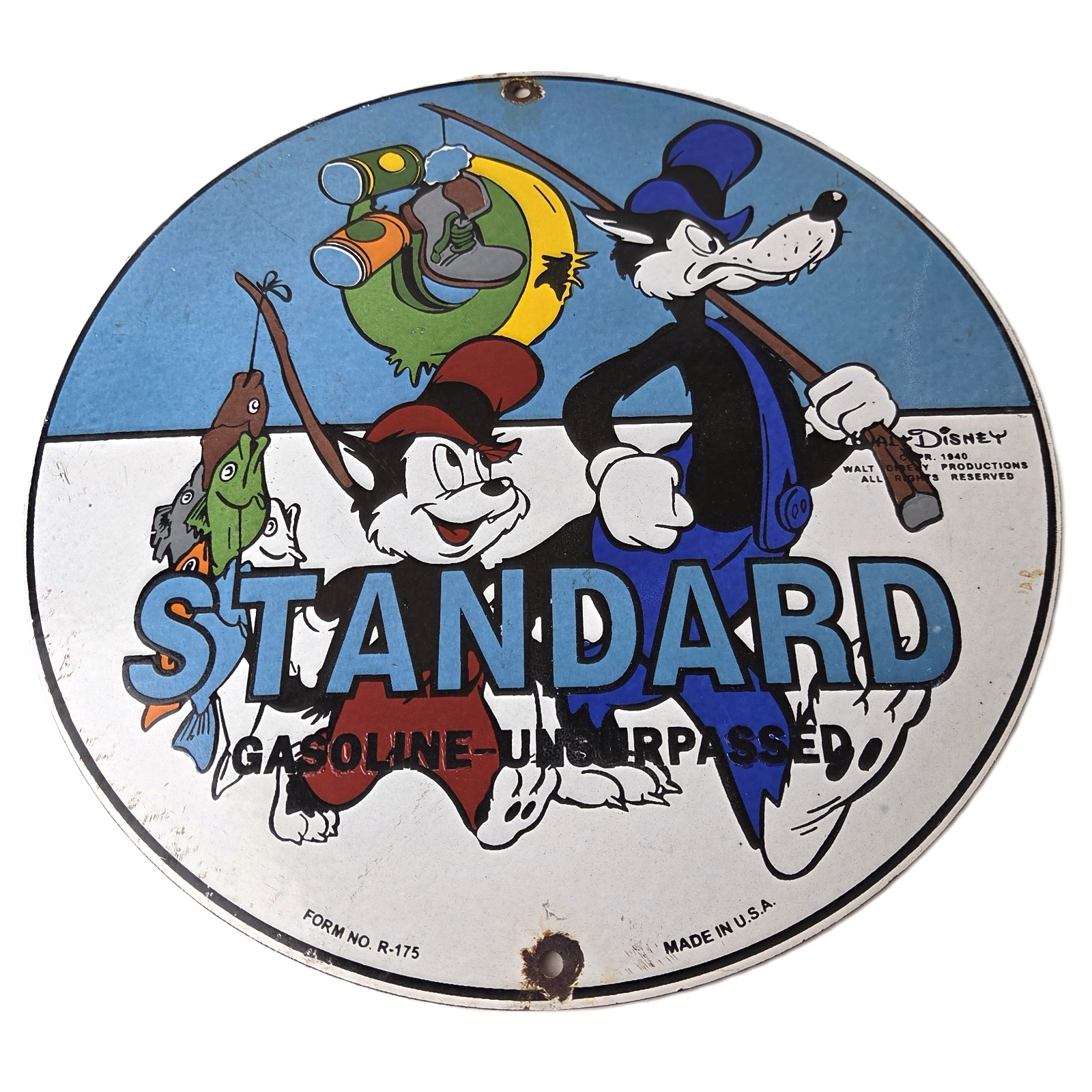 Vintage Standard Gasoline Sign – Gas Oil Pump Plate Walt Disney Porcelain Sign
