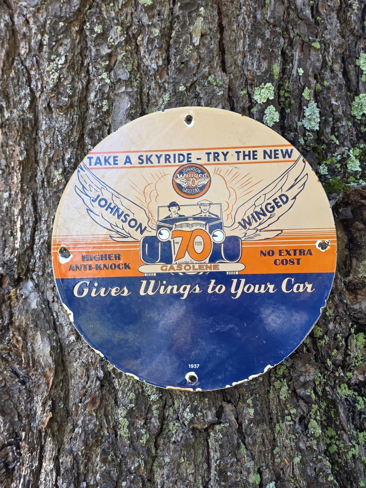 VINTAGE JOHNSON GASOLINE PORCELAIN SIGN GIVES WINGS TO YOUR CAR 12″