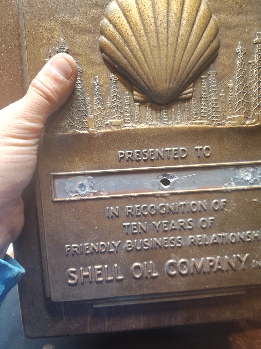 Vintage Shell Gasoline Dealer Award Brass Plaque No Name Badge