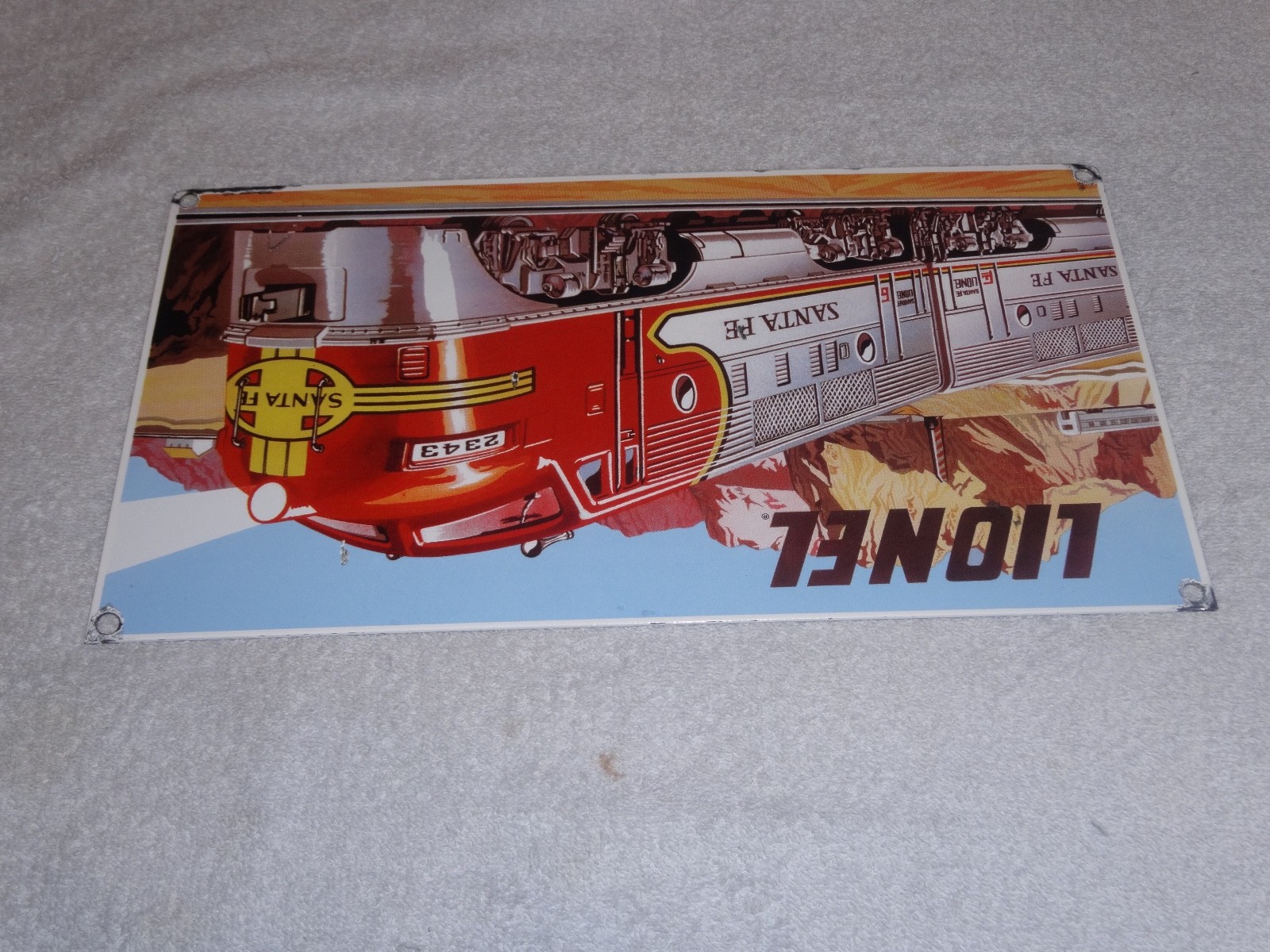VINTAGE LIONEL SANTA FE TRAIN NORTHERN STEAM LOCOMOTIVE 14″ PORCELAIN METAL SIGN